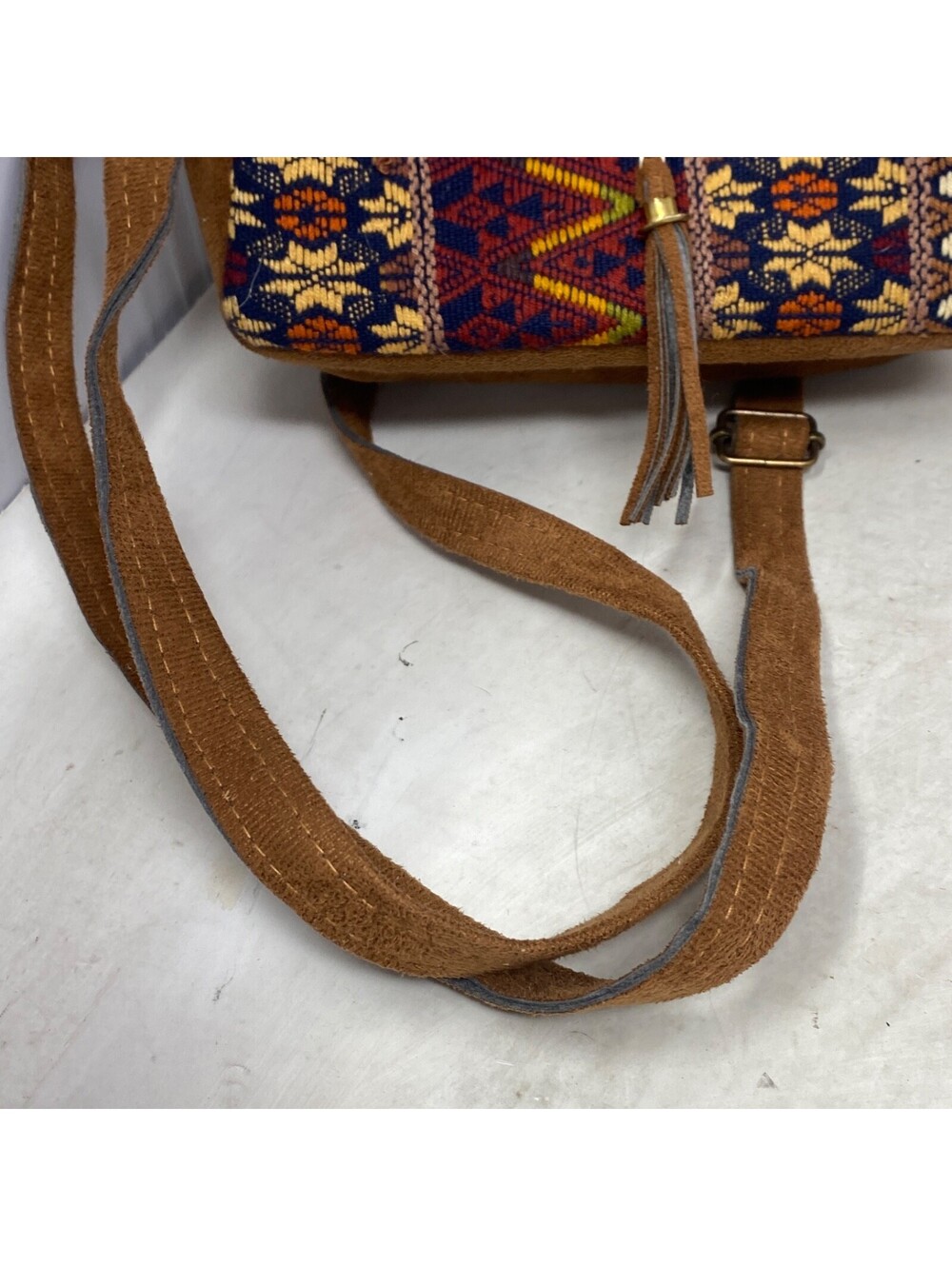 Guatemalan Style Woven Small Backpack Purse Faux Suede Boho Ethnic - Picture 3 of 5